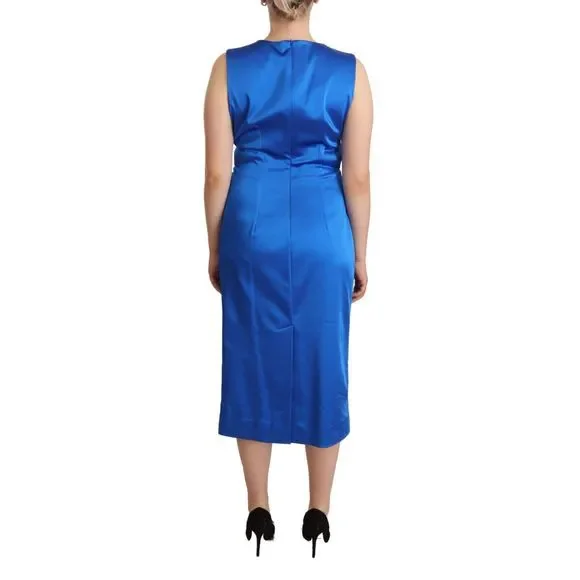 P.A.R.O.S.H. Blue Acetate Sleeveless Pleated Midi Sheath Dress